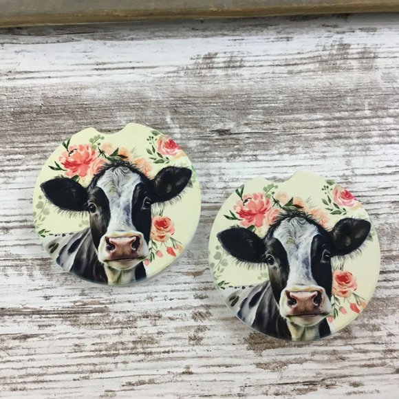 Floral Holstein Cow Car Coasters, Set of 2 - Picture 5 of 7